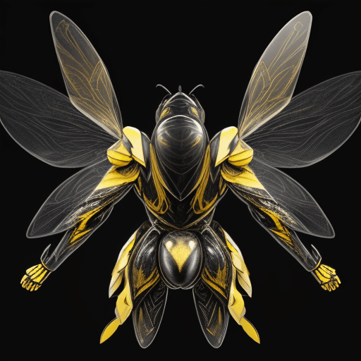 AI generated: Photograph of a The bee-inspired superarmor features an aerodynamic design with golden and black pla...