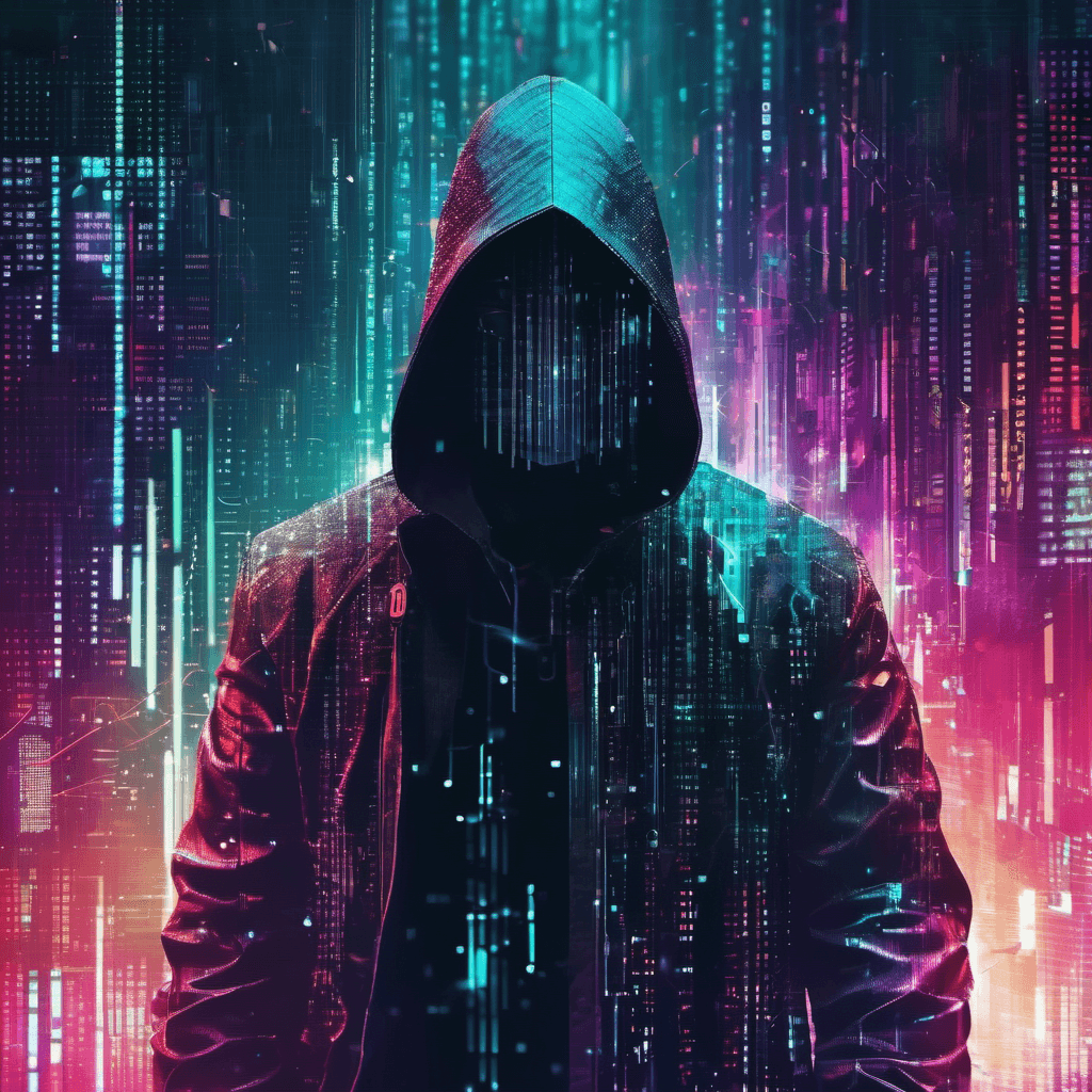 AI generated: Portrait of a futuristic cyberpunk hacker, centered, high-tech, in a matrix-style digital world, flo...