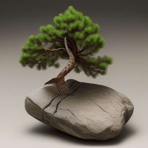 AI generated: A pine tree with drooping branches on a large rock. Draw it with a pheasant brush.