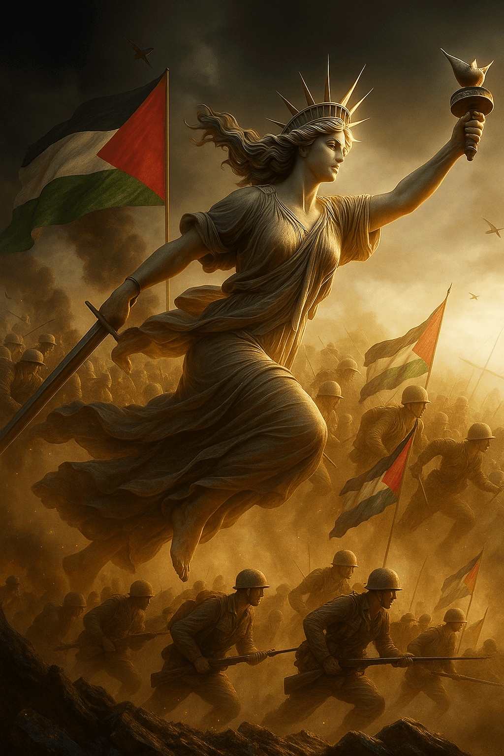AI generated: Ultra-realistic reimagining of "Liberty Leading the People." The Statue of Liberty stands at the cen...