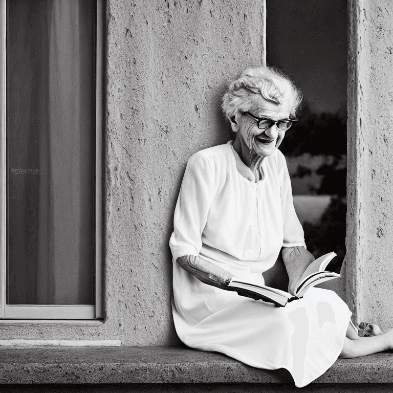AI generated: : gorgeous HAPPY OLD Swiss WOMAN sitting by window READING A BOOK, wearing white DRESS, soft lips, b...