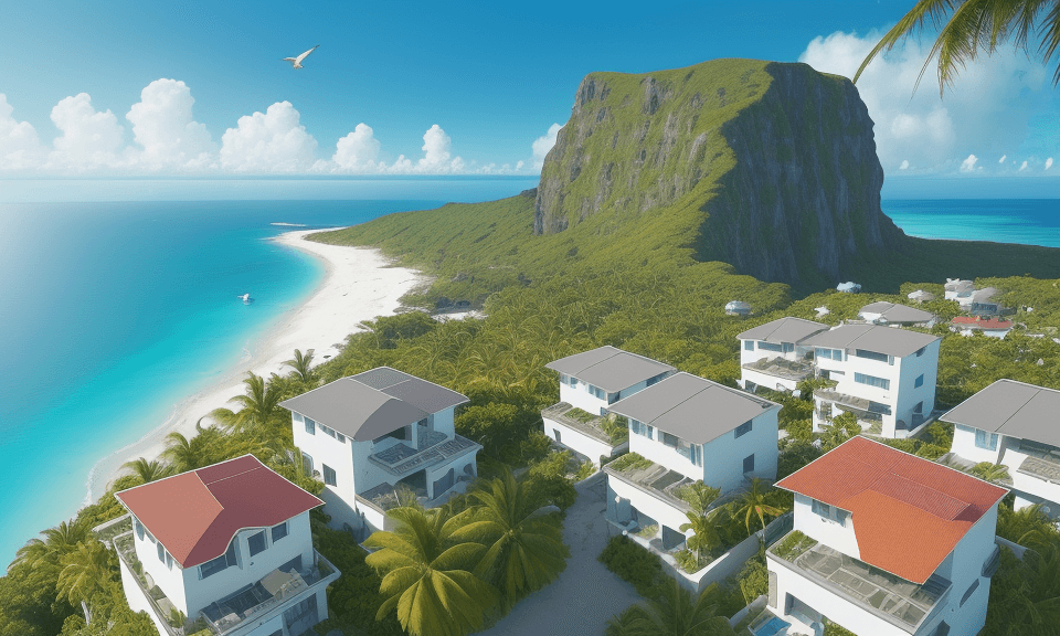 AI generated: ​create an image that is a bird's eye view 5k feet up of a desolate tropical island, no sharp cliffs...