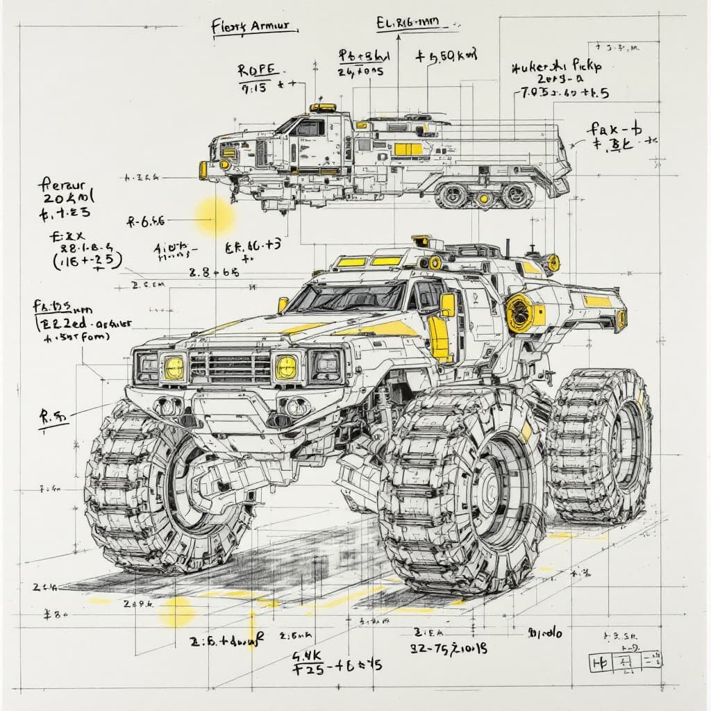 AI generated: sketches blueprint of heavy armour storm chaser pick up truck vehicle, 90s warp engines, formulas an...