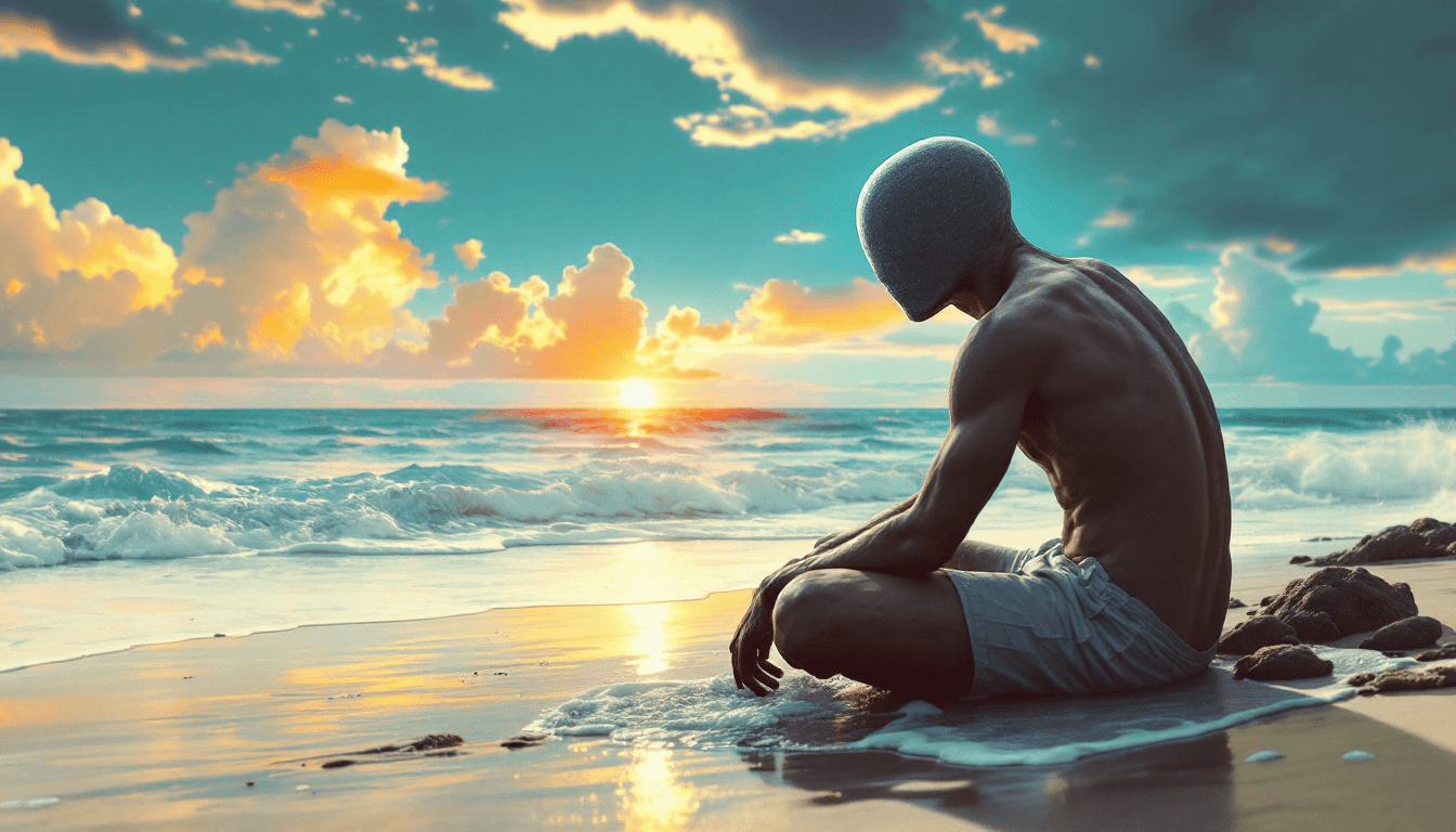 AI generated: a guy with no face high emotion and touching for the audience he is watching us and he is situated o...