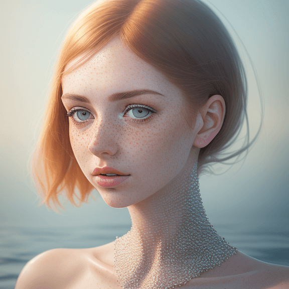 AI generated: a woman with freckled skin is photographing her face, in the style of dmitry kustanovich, delicate m...
