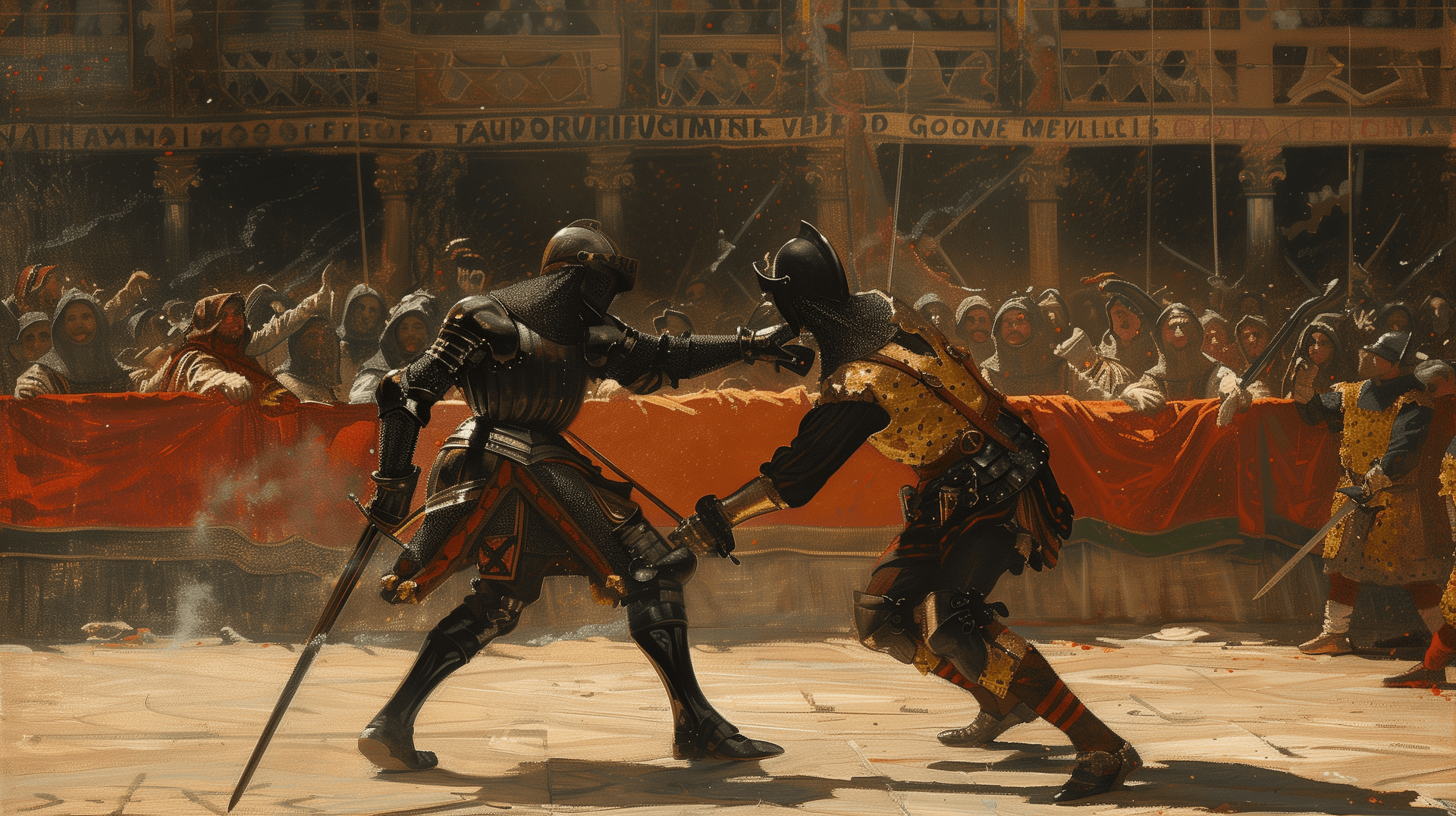 AI generated: a painting in giorgione style of two medieval knights dueling for their lives in front of a crowd
