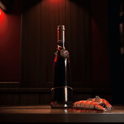 AI generated: garlic prawns and chorizo with red wine. in a bar mood, on a wooden table, delicious, cinematic, hyp...