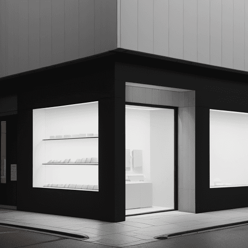 AI generated: minimalist store exterior, at dusk, the architecture should feature clean lines with a sophisticated...