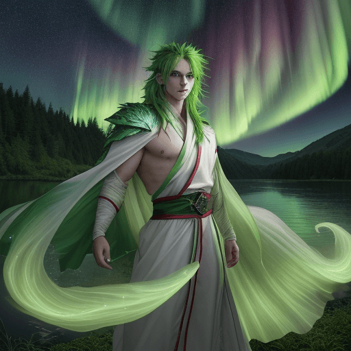 AI generated: High resolution photography of male humanoid basilisk, red eyes, green hair, majestic vibe, wite rob...