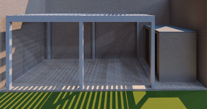 AI generated: un area con una perjola echa de materiales petreos, con una pared tipo cortina con un area de un bañ...