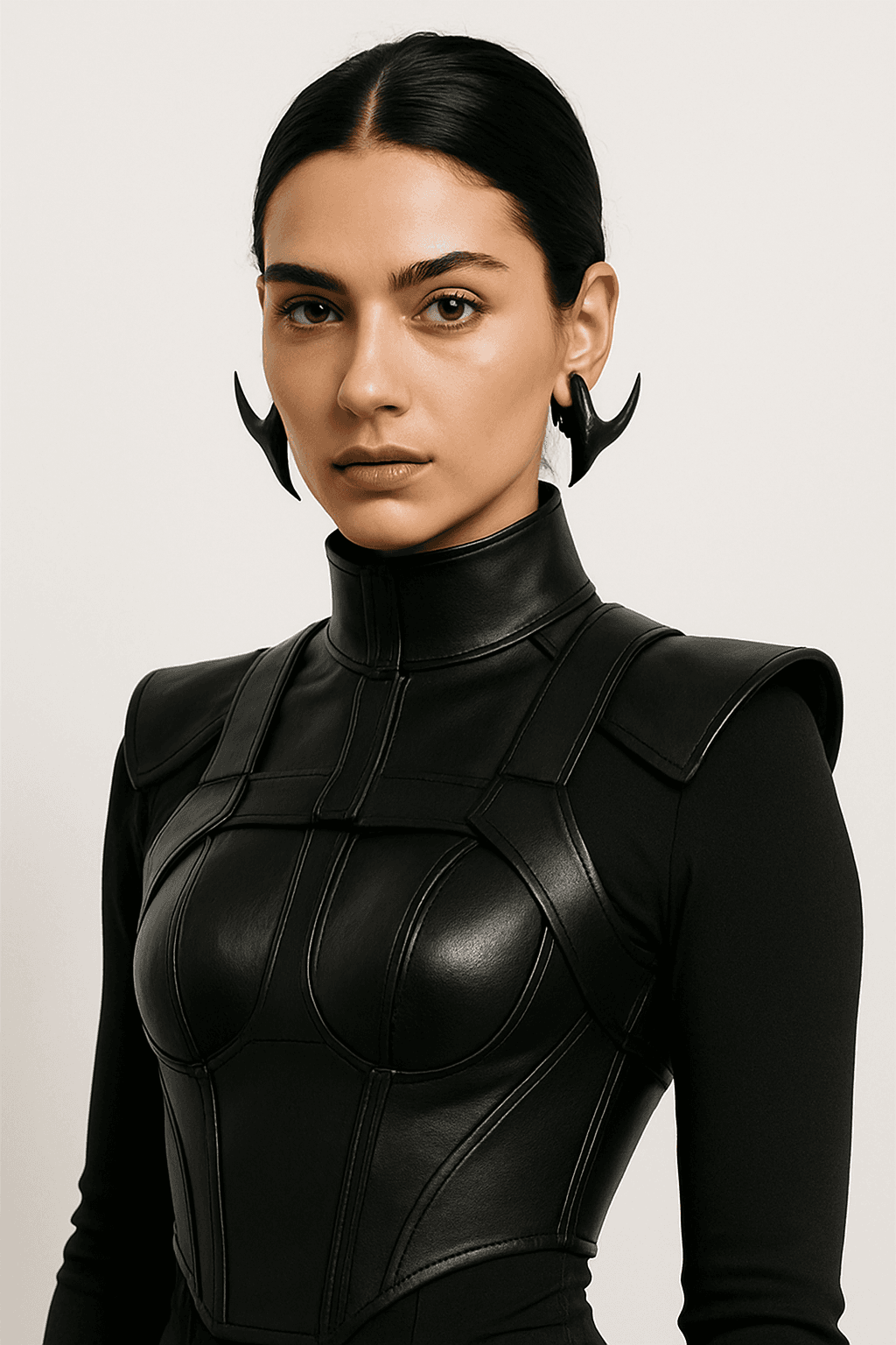 AI generated: A stylish woman with dark hair pulled back, wearing a futuristic black outfit with a structured leat...