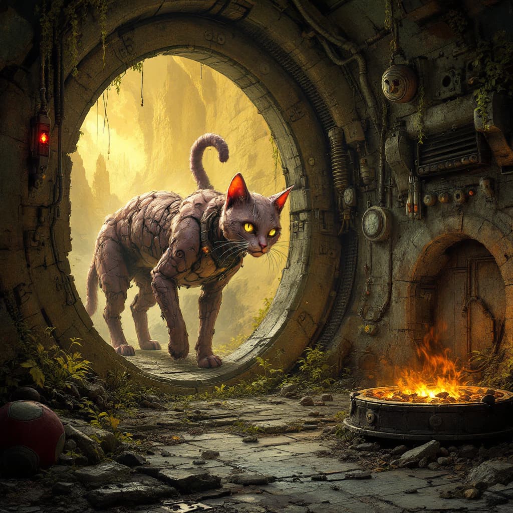 AI generated: Nation of humanoid cat vault. Fallout trilogy, post-apocalyptic.