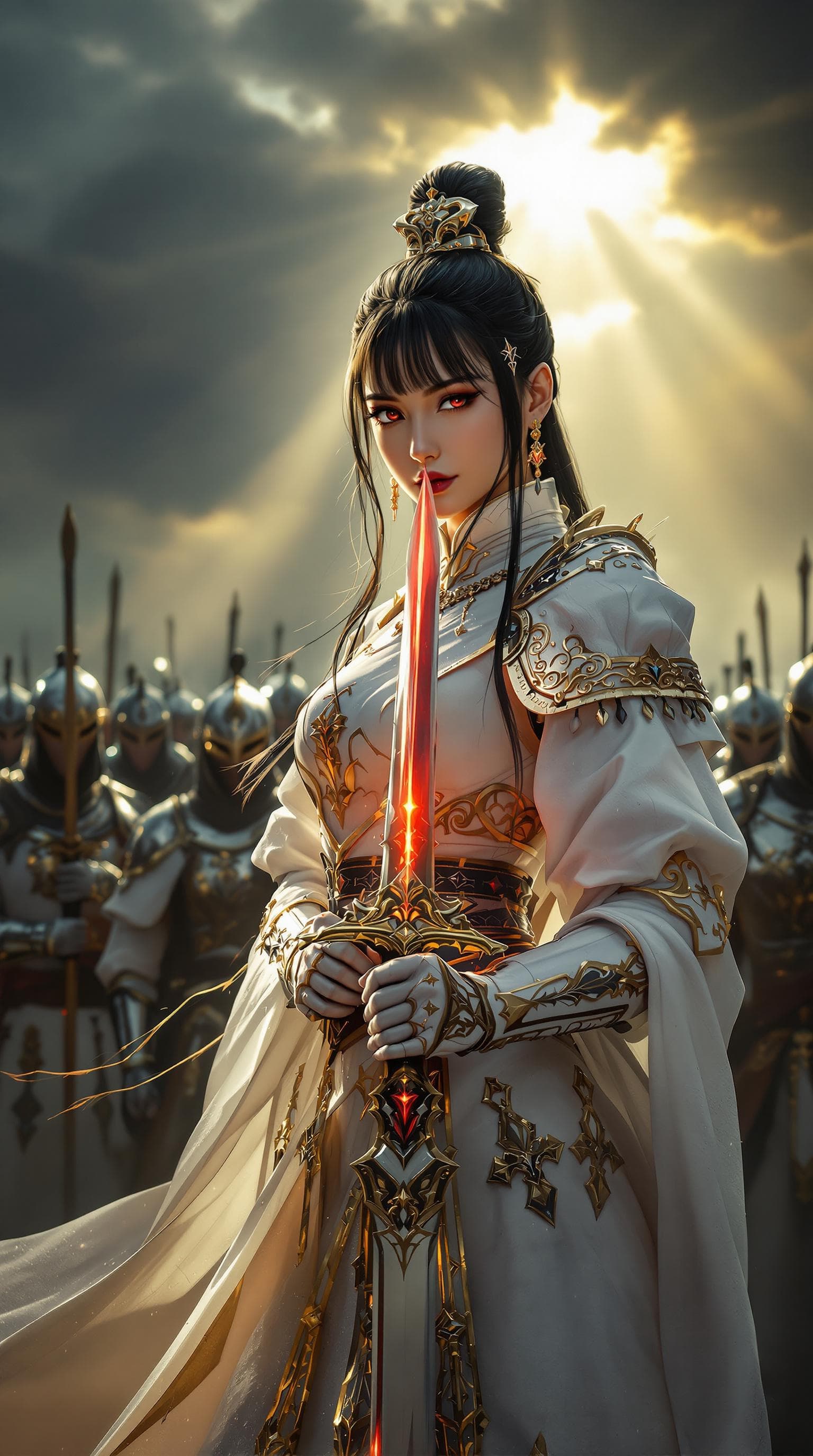 AI generated: Female oriental knight in full armour, white with gold embellishments, bangs, earrings, holding a le...
