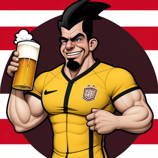 AI generated: a caricature that illustrates a strong soccer Fan, with muscular arms, who hold a beer in his hand
