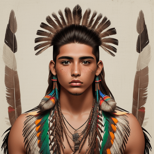 AI generated: joven de 20 años sexy
hombre guerrero indio cherokee con miles de plumas de colores, are digital ful...