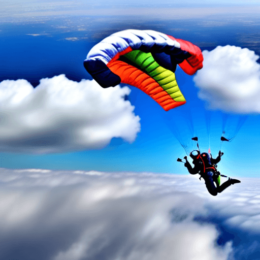AI generated: Skydiver with parachute, falling through the clouds