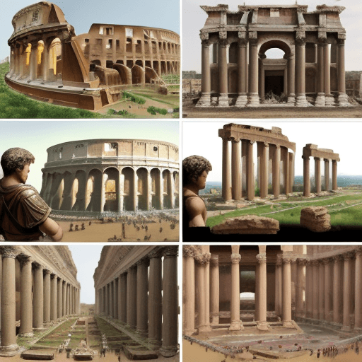 AI generated: Composition four images about ancient Rome. You can use routine of people and wars. Do it realistic ...