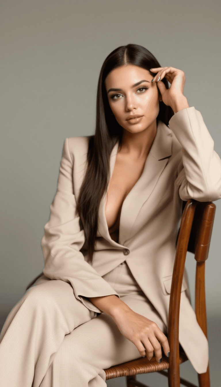 AI generated: A woman with sleek back hair, wearing a light beige suit, is seated on a wooden chair. Her left leg ...