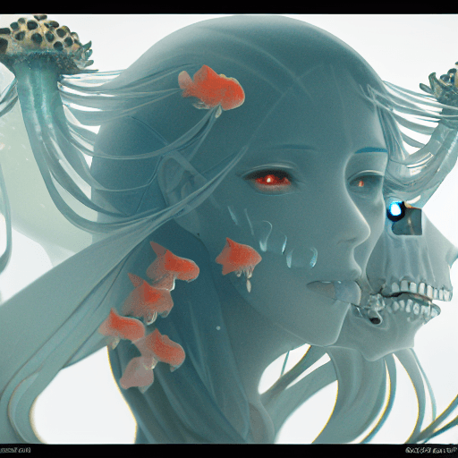 AI generated: goddess close-up portrait ribcagel. jellyfish phoenix head, nautilus, orchid, skull, betta fish, bio...