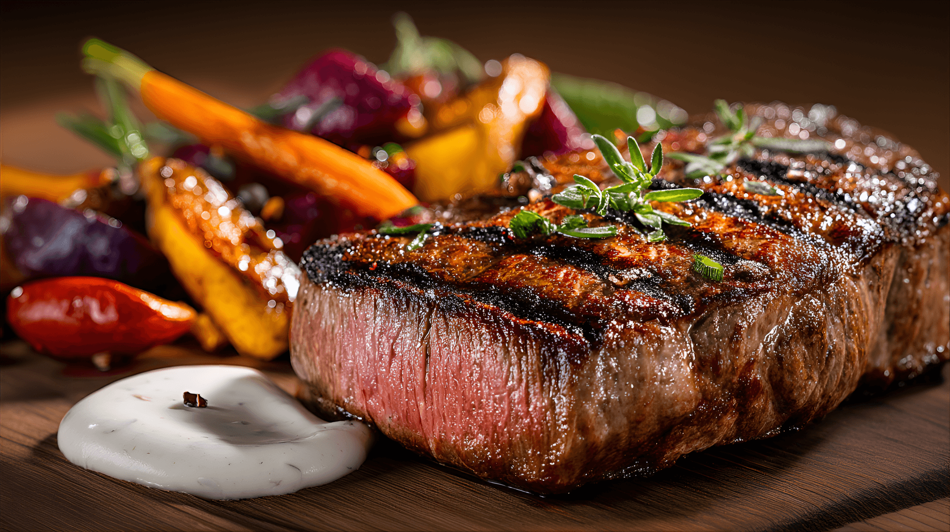 AI generated: perfectly grilled steak with grill marks, served with a side of roasted vegetables, against a rustic...