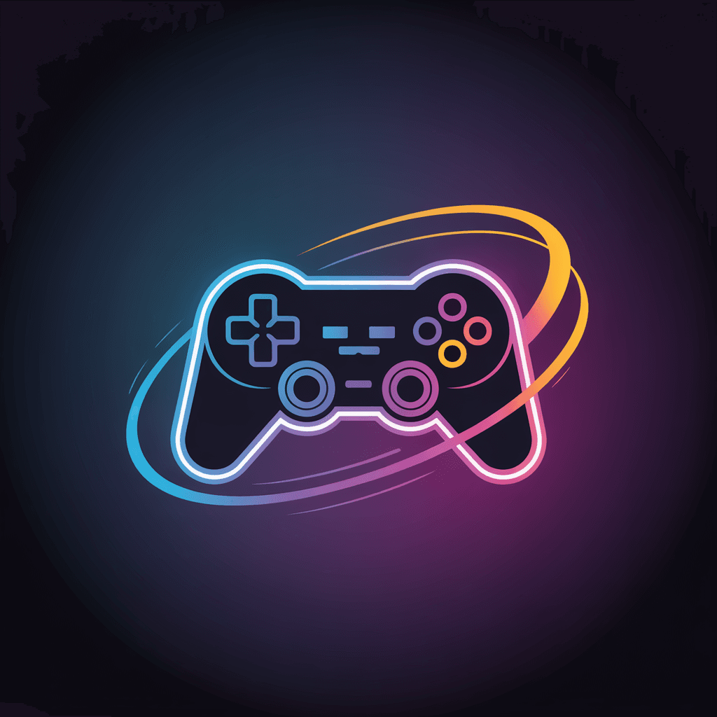AI generated: Logo design of a modern neon game controller, glowing edges in blue, purple, and orange, surrounded ...