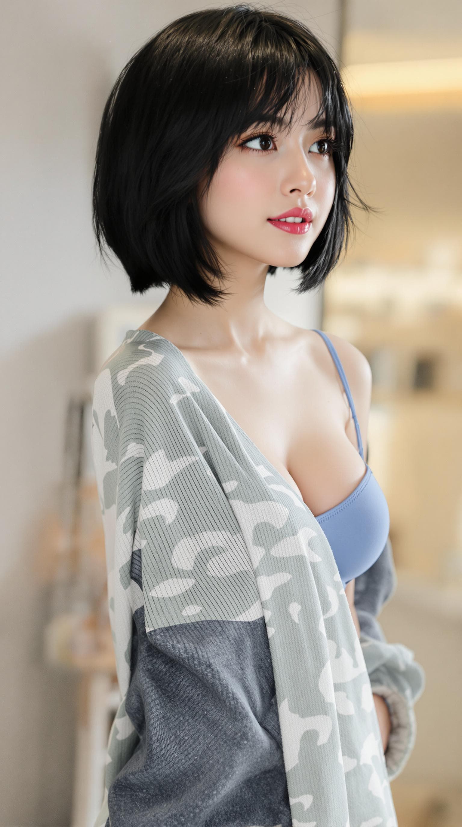 AI generated: Beautiful Asian girl with short black hair, good figure, wide hips ((according to the doctor)), medi...