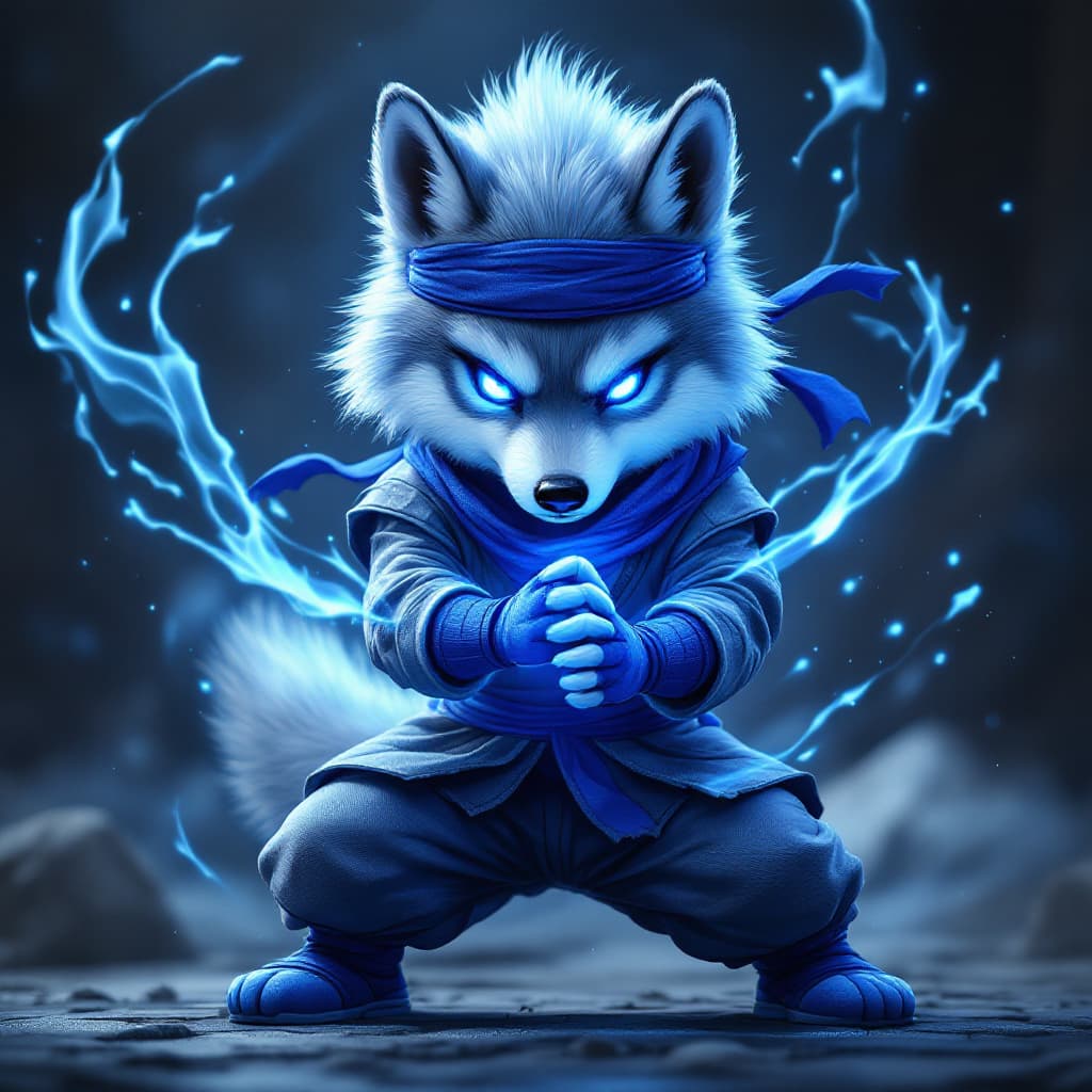 AI generated: an anthropomorphic cute wolf wearing [ninja outfit : Gray ninja jacket, gray ninja pants, blue scale...
