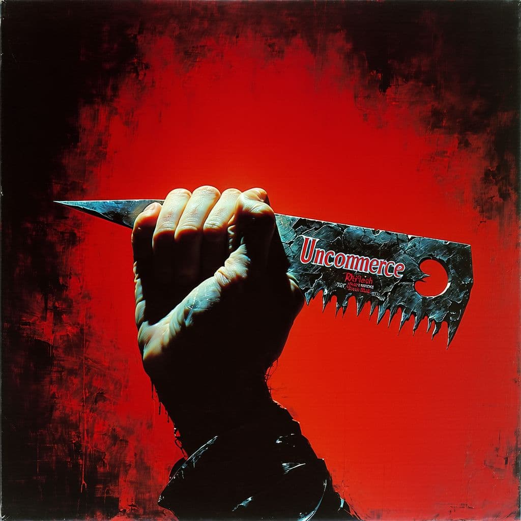 AI generated: A dramatic 1970s-style heavy metal album cover, a close-up of a hand holding a giant razor blade wit...
