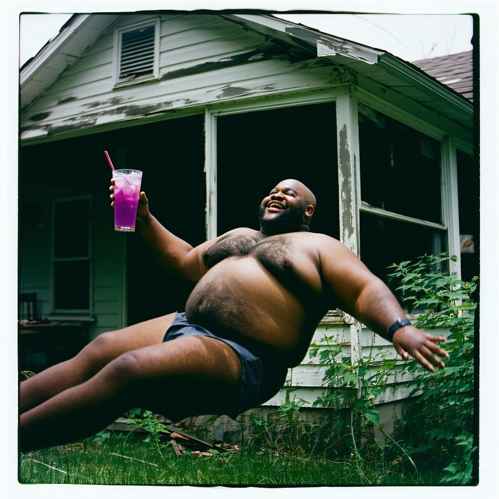 AI generated: grainy 80's photograph quality polaroid of big fat bald elated black man floating in the air with a ...