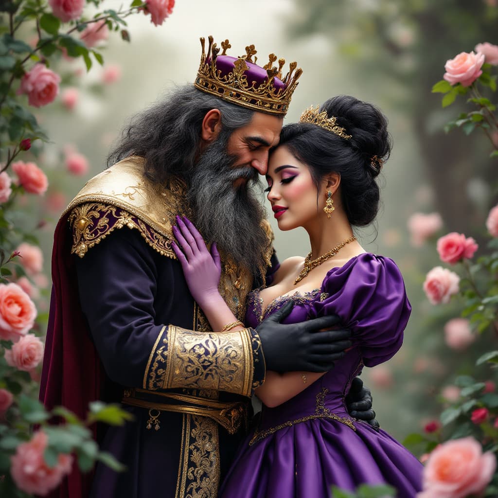 AI generated: a beautiful disgusted wicked asian Cinderella hesitantly embracing an old pompous struggling clumsy ...