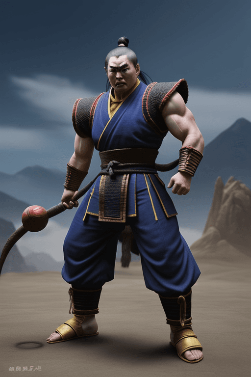 AI generated: mortal kombat themed brutal ancient mongol warrior in dragon ball anime style
