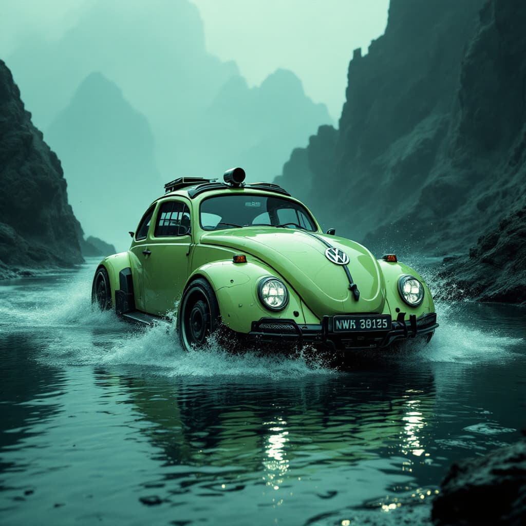 AI generated: Volkswagen New Beetle ,light green car driving through water, in the style of futuristic spacecraft ...
