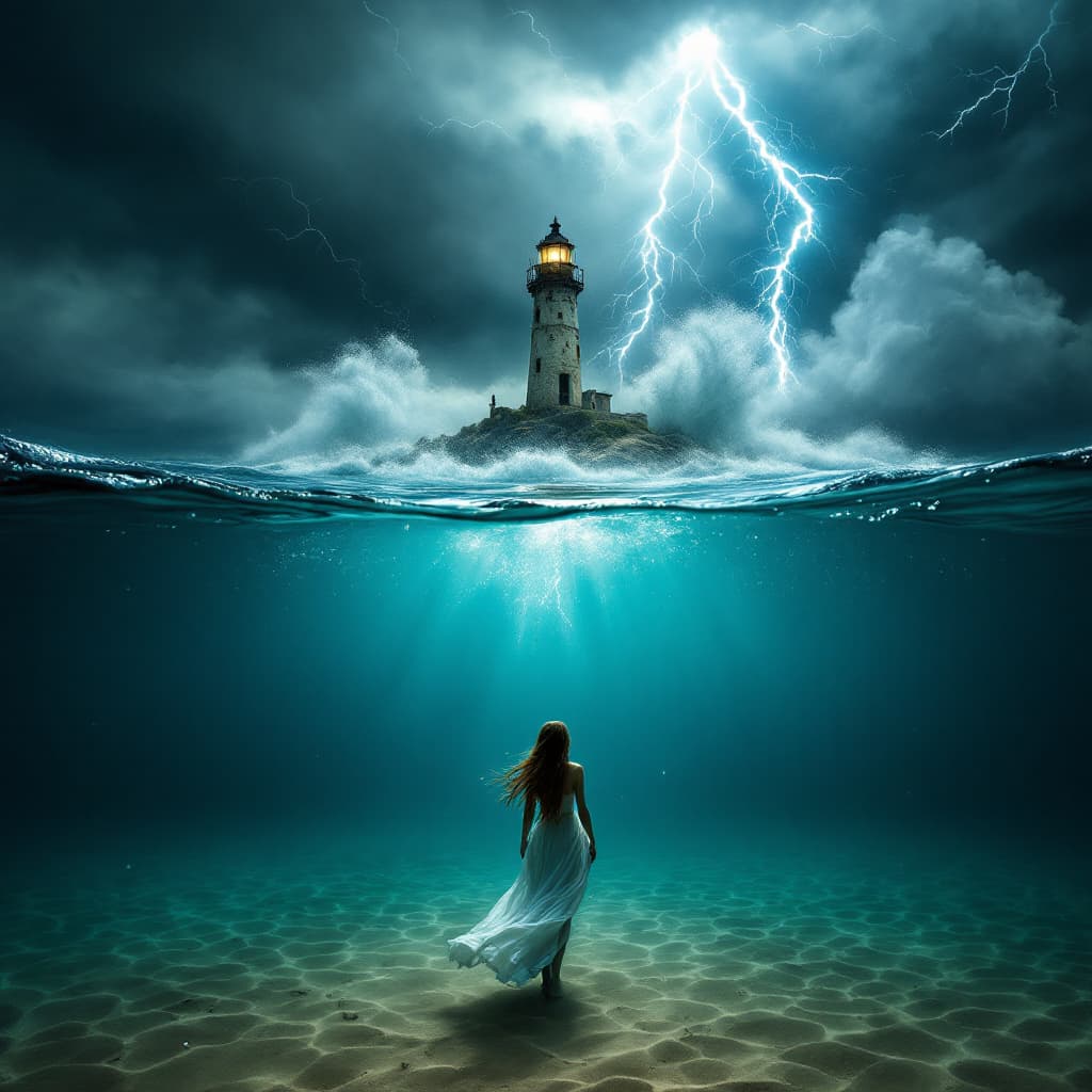 AI generated: A cinematic split-frame composition where the lens is half-submerged underwater. Below the surface, ...