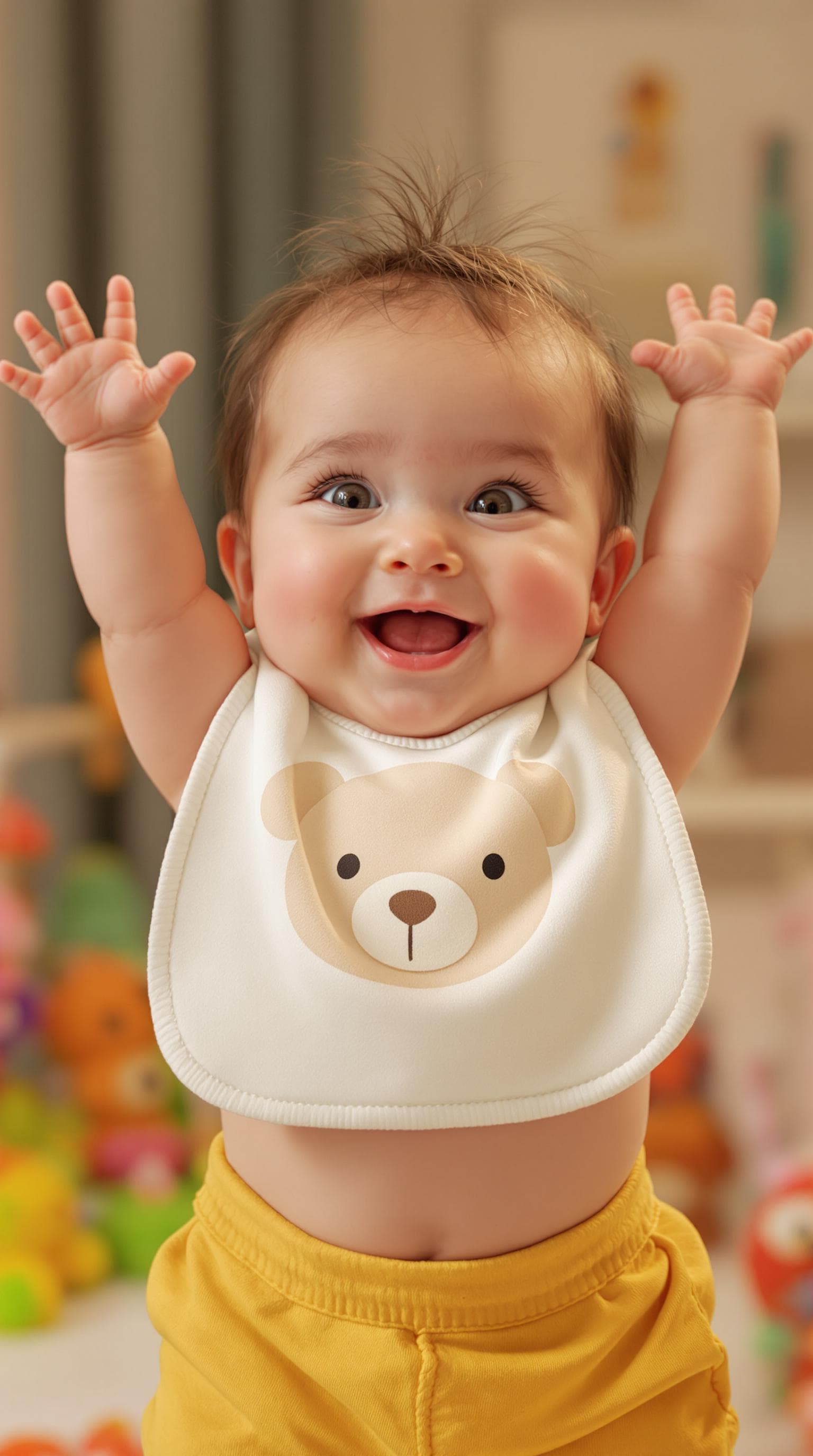AI generated: A hyper-realistic portrait of a joyful baby inspired by JJ from Cocomelon; light complexion with ros...