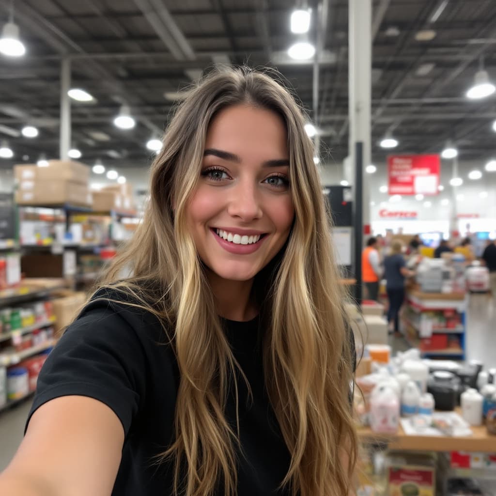 AI generated: A woman with long hair, wearing black t-shirt, full body, in appears at camera, taking an instagram ...