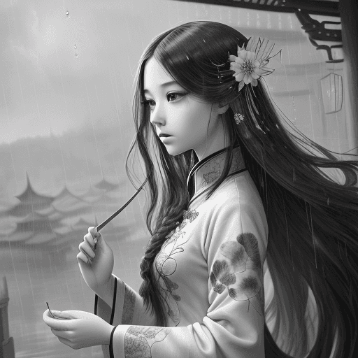 AI generated: dramatic angle,(fluttered detailed ink splashs), (illustration),(((1 girl))),(long hair),(rain:0.6），...