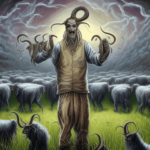 AI generated: Lovecraftian shepherd standing in a field surrounded by a flock of giant lovecraftian goats. HP Love...