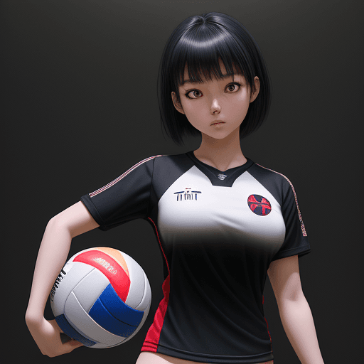 AI generated: cute japanese girl, medium black hair, tight volleyball jersey, centered symmetrical composition, st...