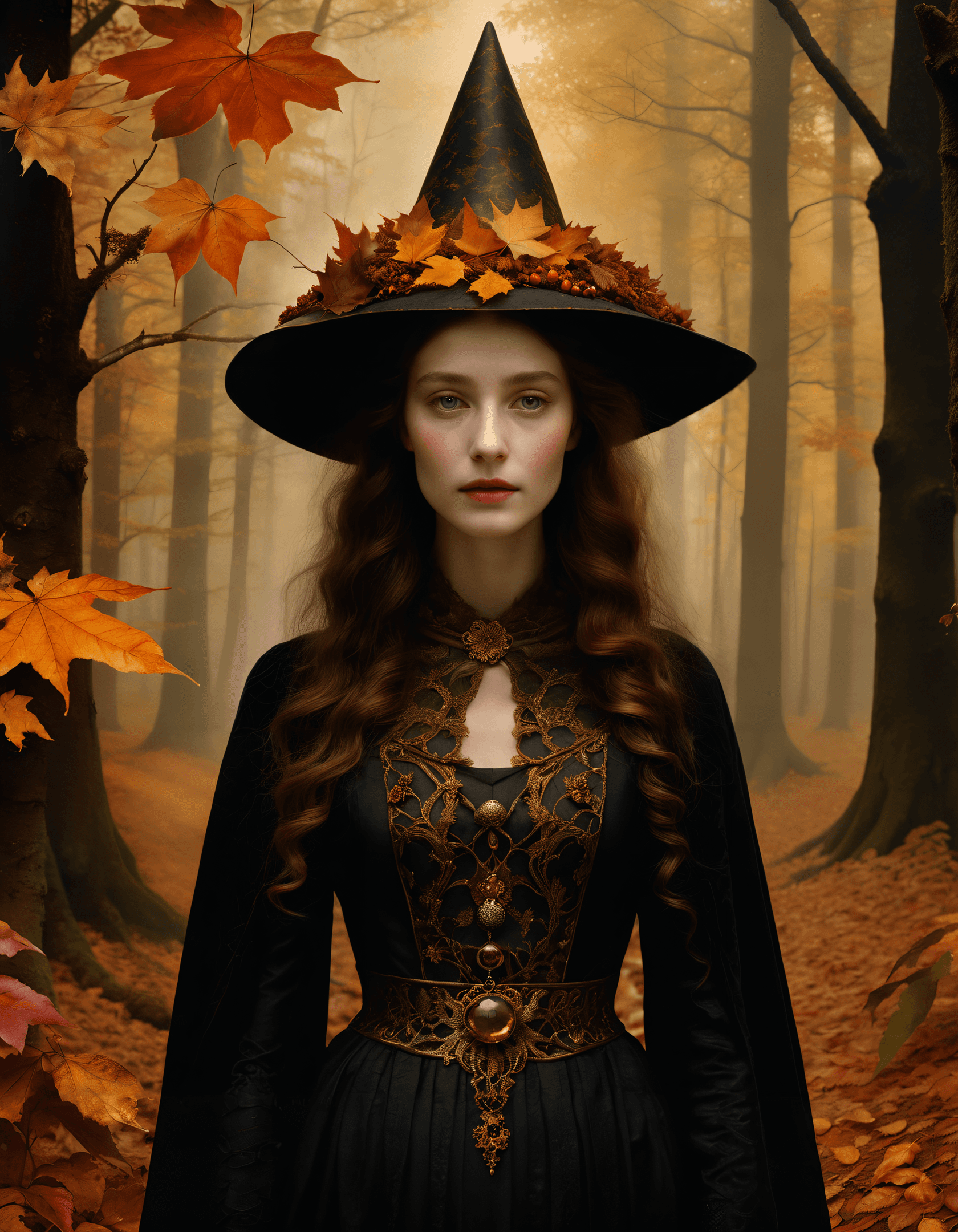 AI generated: Photo by Adolf Fassbender, autumn forest witch, black leaves, detailed, intricate, surreal, Art by c...