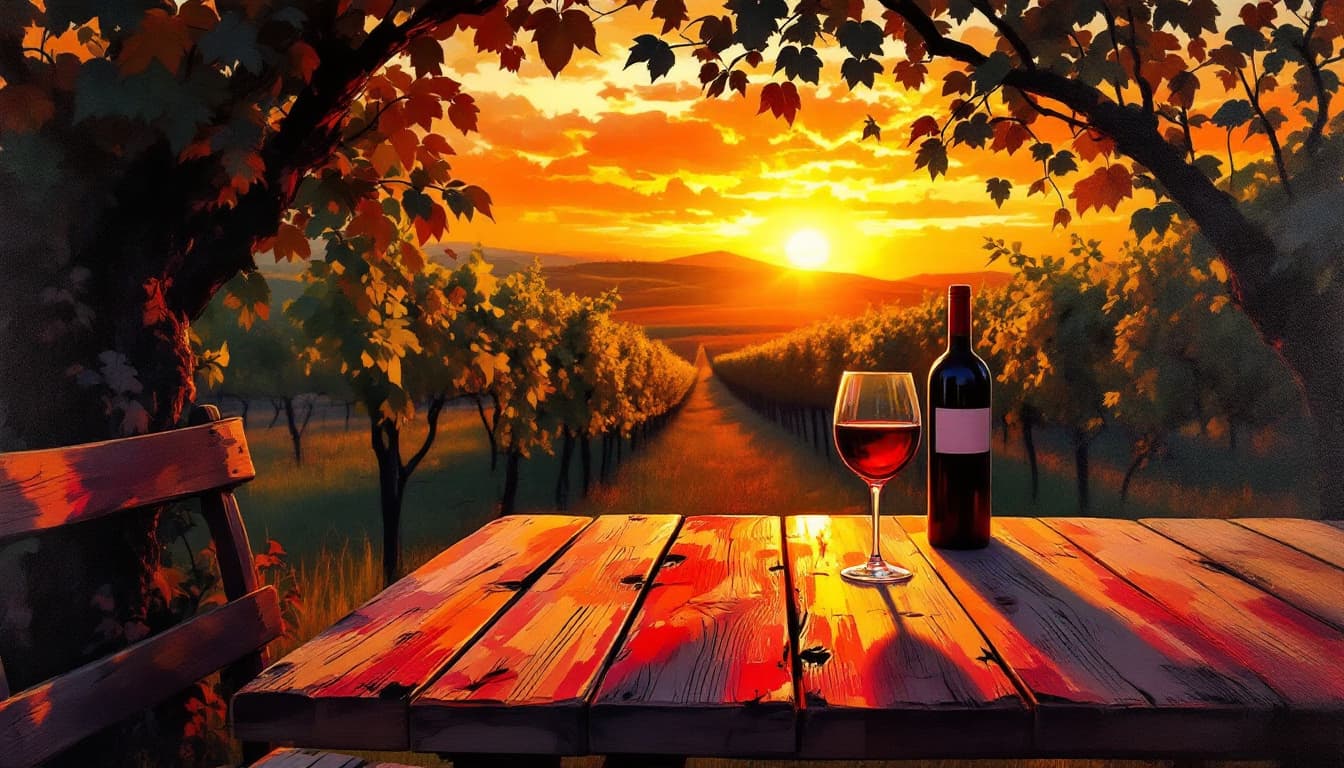 AI generated: Une scène intime dans un vignoble, une table en bois avec un verre de vin rouge au centre, entourée ...