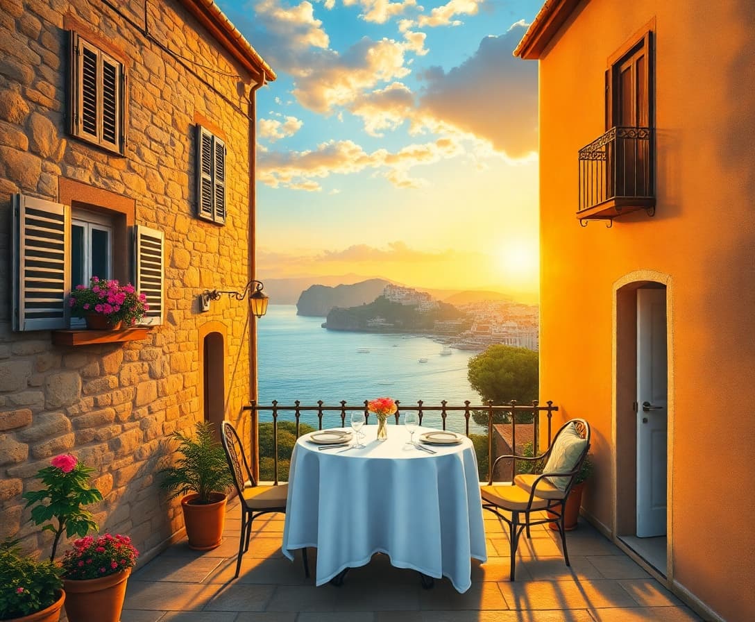 AI generated: A romantic Mediterranean coastal village at sunset, painterly realism. Two rustic stone buildings wi...