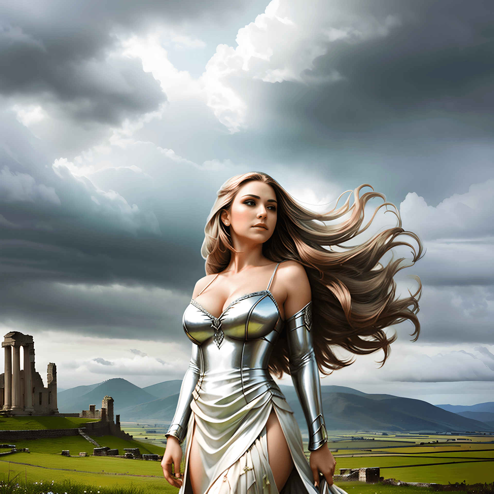 AI generated: beautiful detailed portrait of a beautiful woman, busty, fair maiden, standing on a hill, flowing wh...
