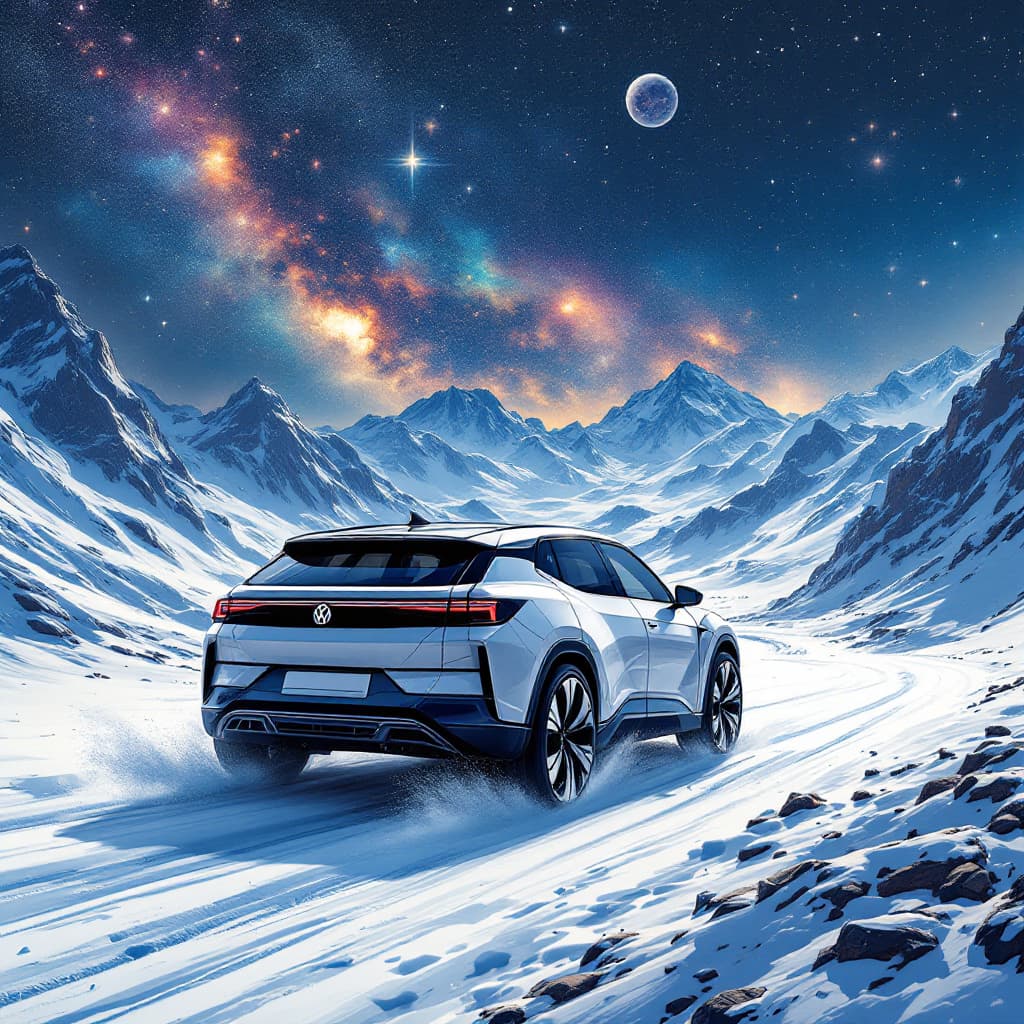 AI generated: Comic book illustration of a volkswagen ID 4 SUV, on the street, in the style of Alex Ross, a comic ...