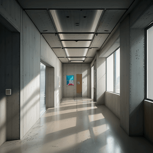 AI generated: hyperrealistic photograph of the interior of a hallway of a building in which you can see a wall wit...