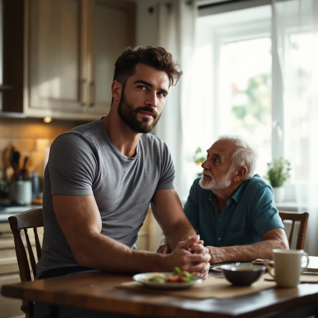 AI generated: Tall handsome muscular 25-year-old man wearing a tight tee shirt, sitting at a kitchen table with an...