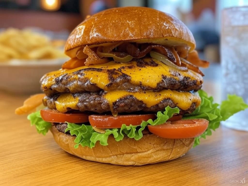 AI generated: Create the ultimate burger experience with this prompt. Imagine a towering burger with perfectly gri...