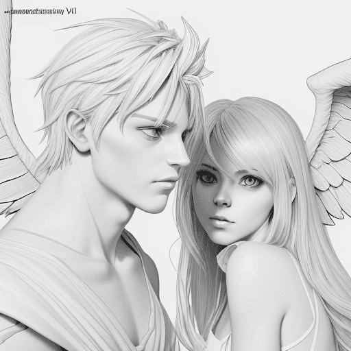 AI generated: /imagine prompt: Male Demon staring at female angel, I'm the style of a coloring page, realstic shad...