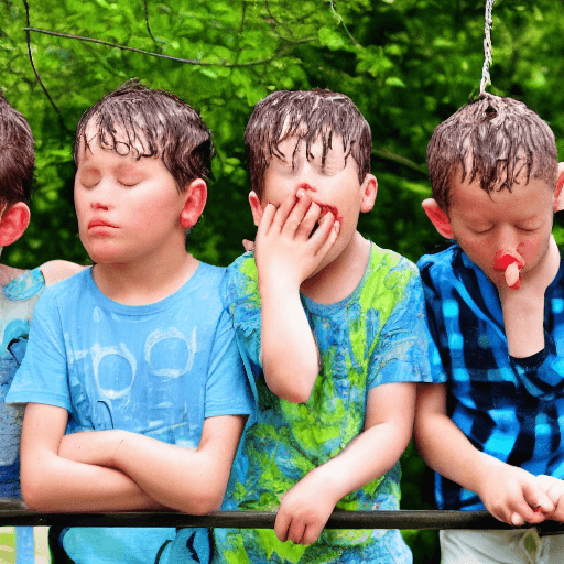 AI generated: Four sleepy heads  dripping down face, summers day 
