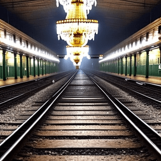AI generated: People waiting beside empty tracks on a Russian platform with chandeliers 