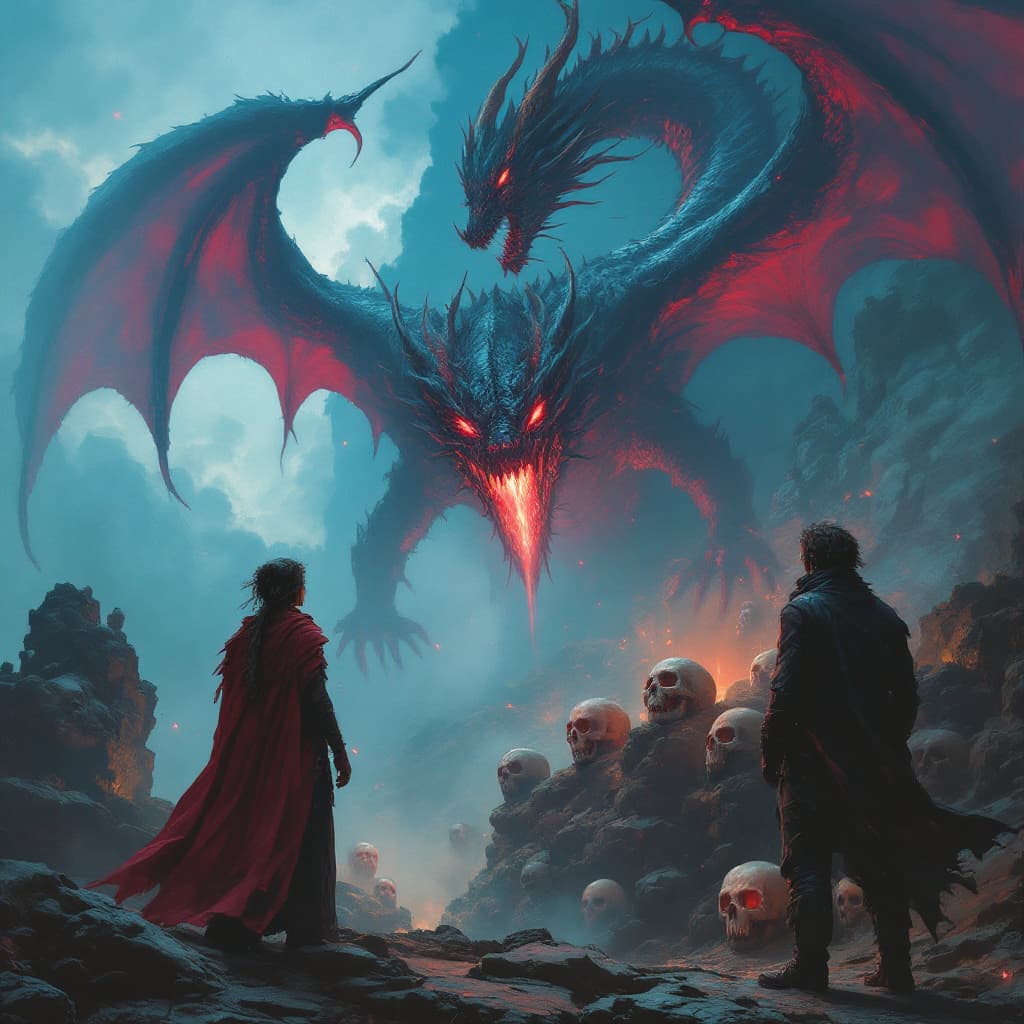 AI generated: two people are standing under a dragon watching other skulls, in the style of concept art, light sky...